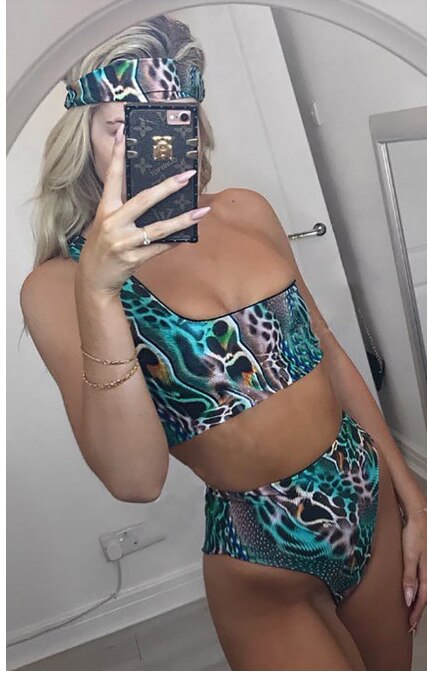 Print One Shoulder High Waist two Pieces Bikini set With Headband Women Swimwear Bathing Suit Swimsuit Female Sexy Holiday Beach