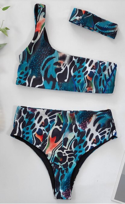 Print One Shoulder High Waist two Pieces Bikini set With Headband Women Swimwear Bathing Suit Swimsuit Female Sexy Holiday Beach