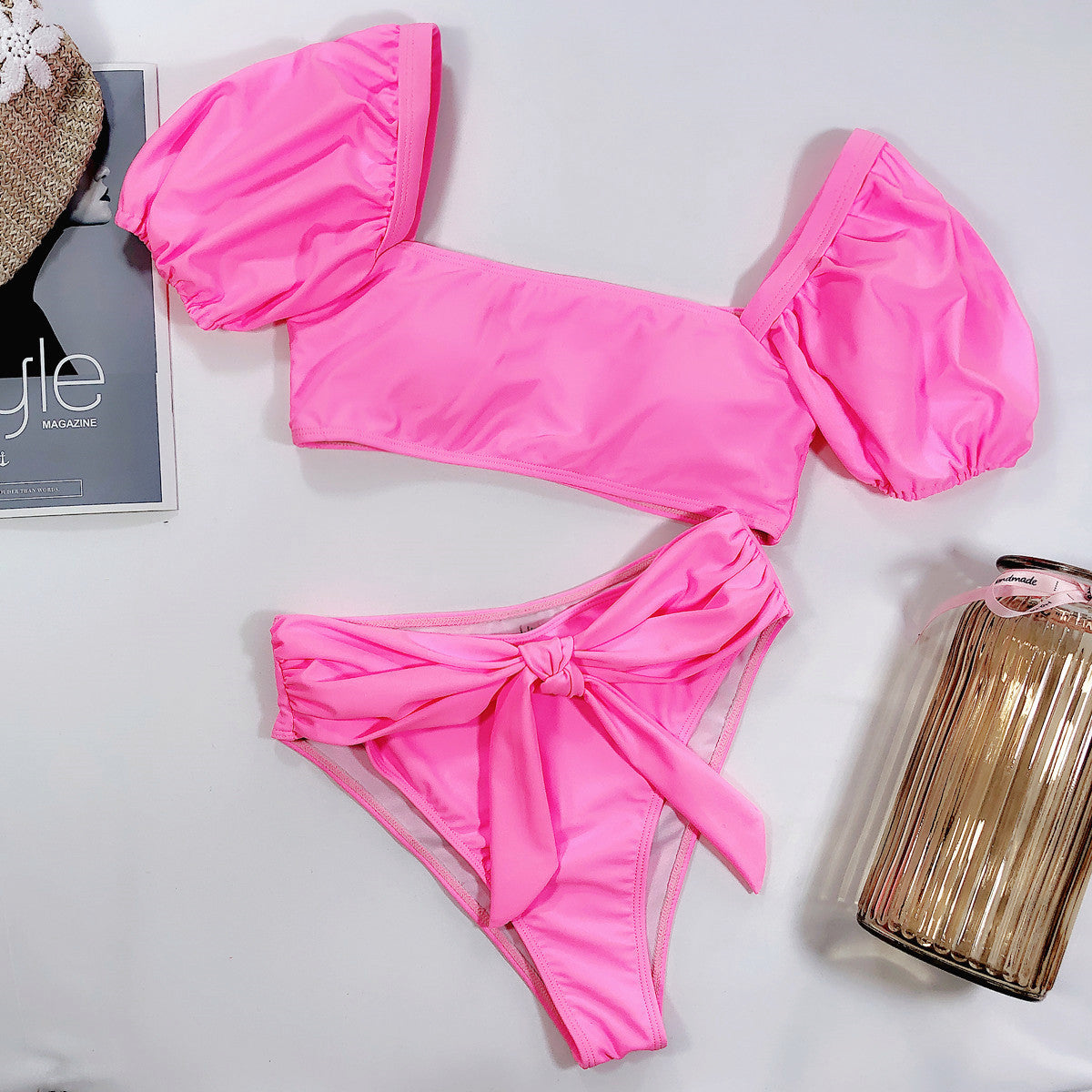 Red Pink two piece high waist bikini set Women bow tie swimwear bathing suit Puff sleeve swimsuit female Sexy beach biquini