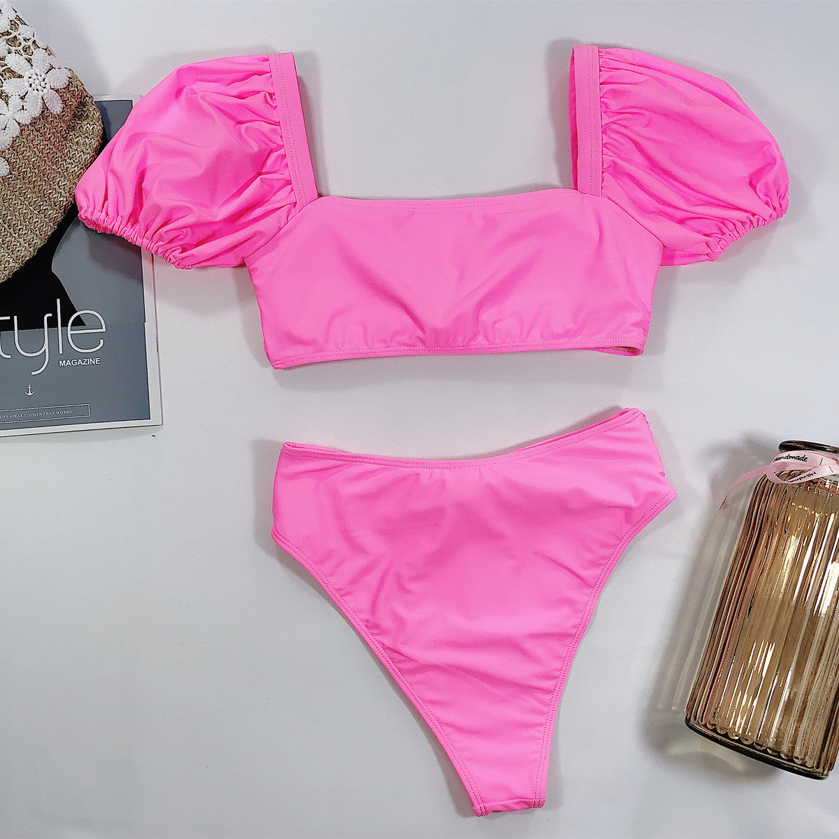 Red Pink two piece high waist bikini set Women bow tie swimwear bathing suit Puff sleeve swimsuit female Sexy beach biquini