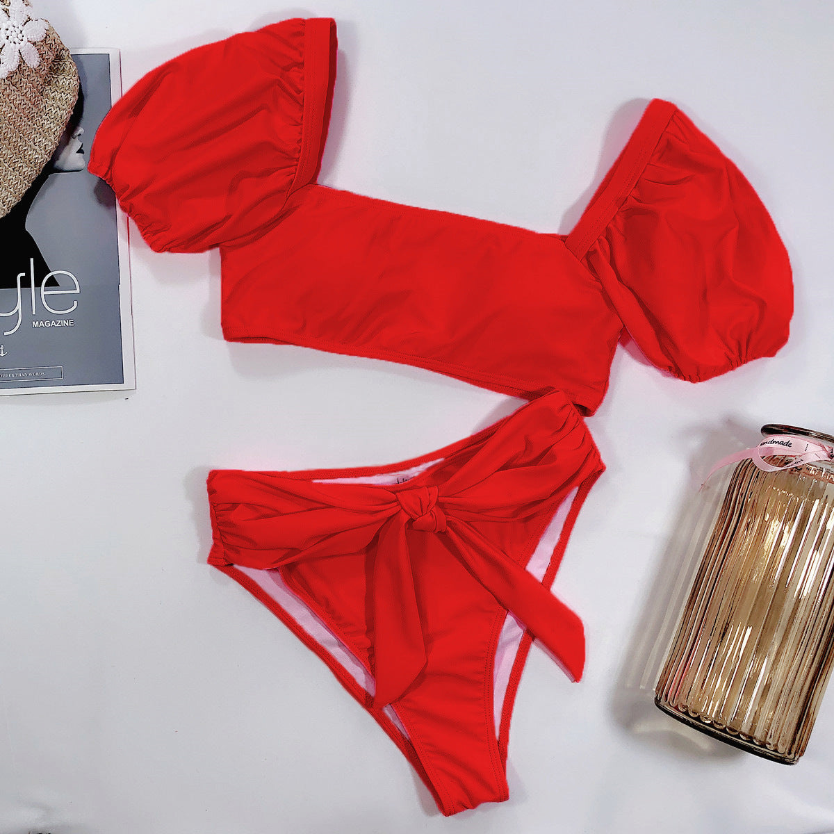 Red Pink two piece high waist bikini set Women bow tie swimwear bathing suit Puff sleeve swimsuit female Sexy beach biquini