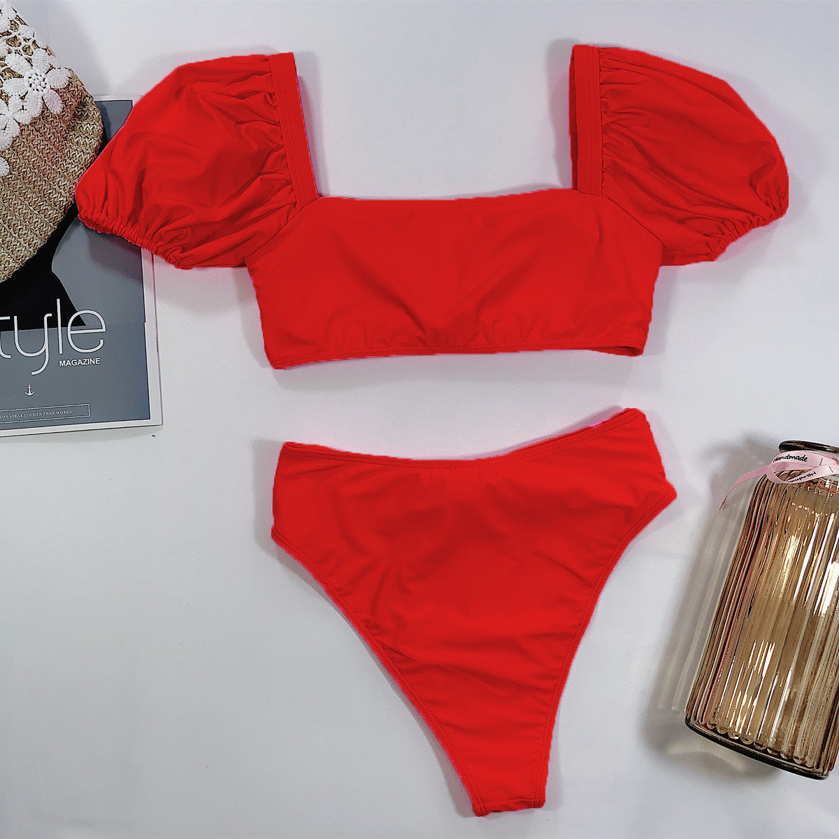 Red Pink two piece high waist bikini set Women bow tie swimwear bathing suit Puff sleeve swimsuit female Sexy beach biquini