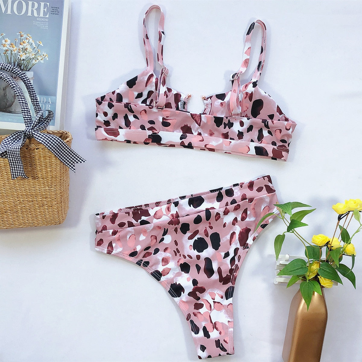 Leopard Snakeskin Bikini Set Bra Crop Top High Waist Thong Swimsuit Brazilian Beach Biquini Swimming Bohemian Bathing Suit