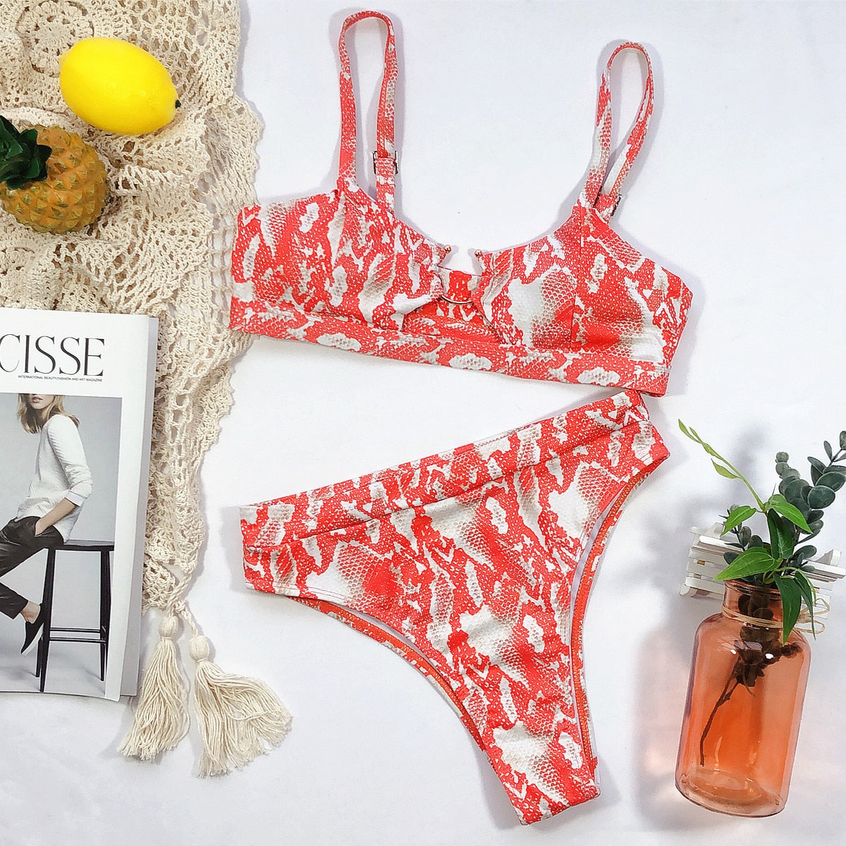 Leopard Snakeskin Bikini Set Bra Crop Top High Waist Thong Swimsuit Brazilian Beach Biquini Swimming Bohemian Bathing Suit