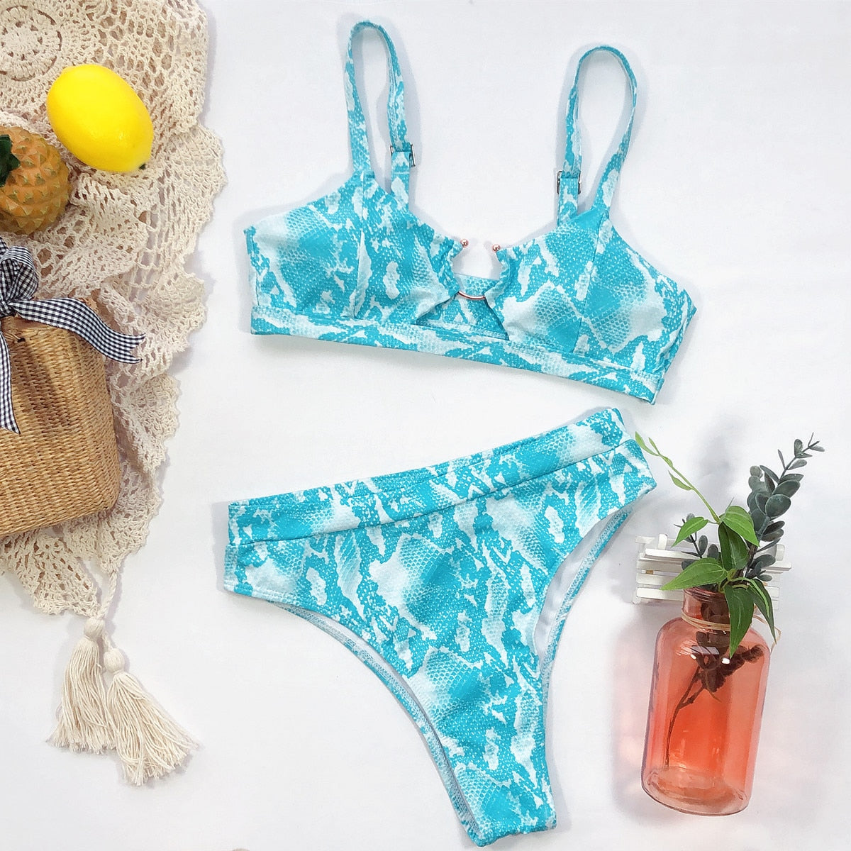 Leopard Snakeskin Bikini Set Bra Crop Top High Waist Thong Swimsuit Brazilian Beach Biquini Swimming Bohemian Bathing Suit