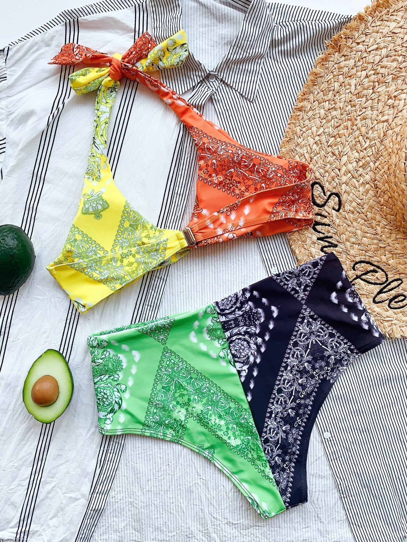 Sexy Bandana Print Wire Free Swimwear Bikinis Set 2021 Women Halter Bra And Thong Push Up Biquini Bathing Suit Beach Swimsuit-11