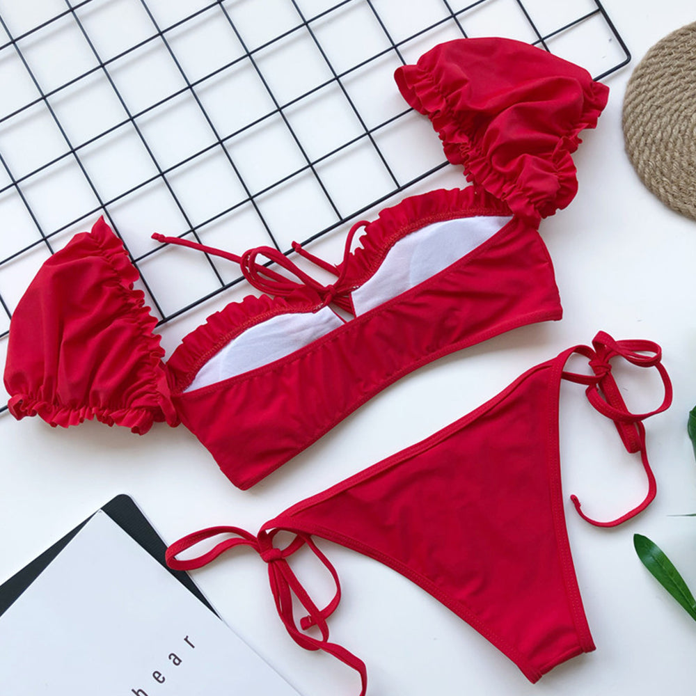 Off Shoulder Bikini Set Swimwear Sexy Bandage Suit Crop Top Tie Low Waist Thong Biquini Push Up Bikini Set Mujer Sweet Swimsuit
