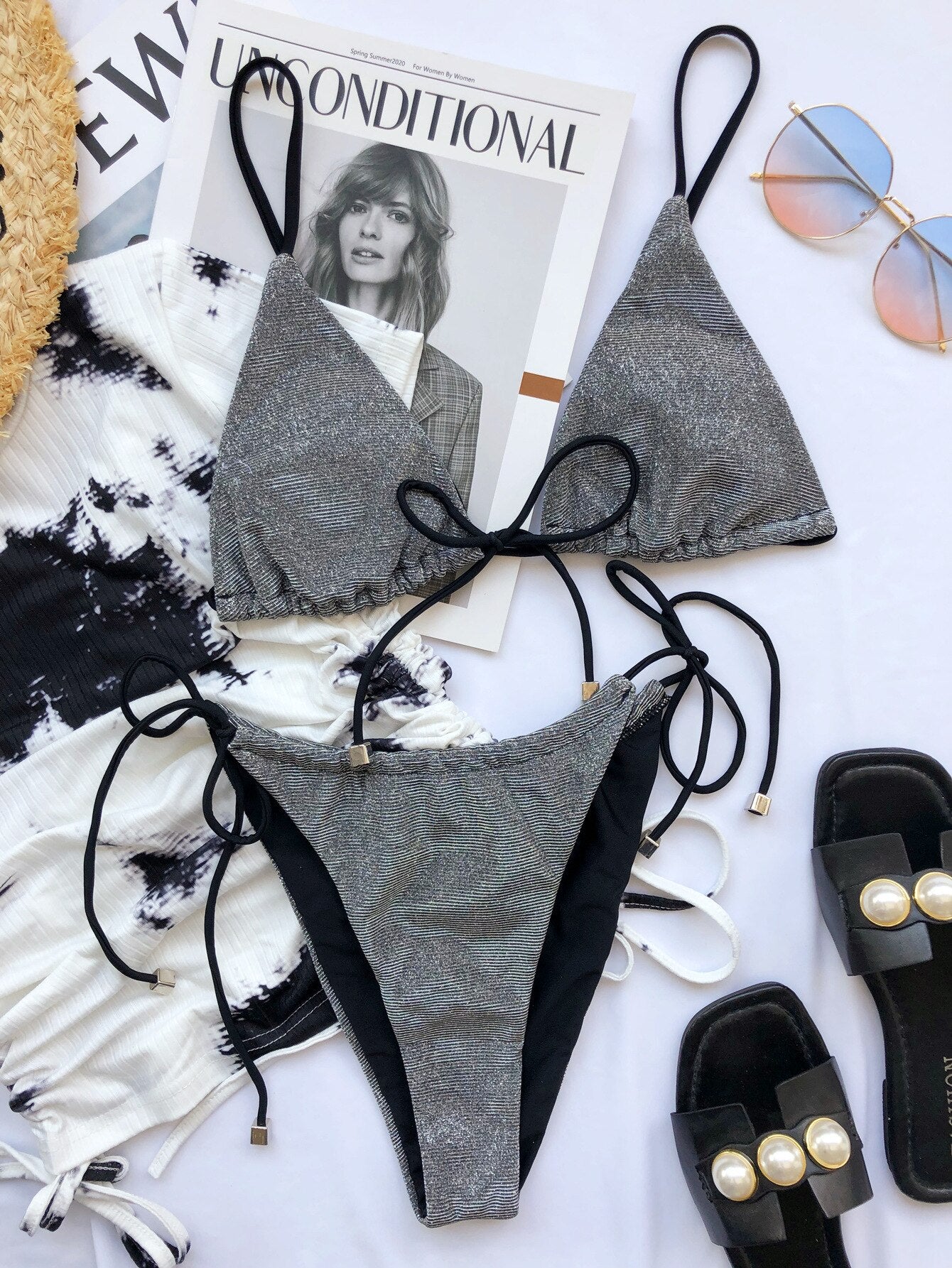 Sexy Shining Wire Free Lace Up Swimwear Bikinis Set Women Bra And High Waist Thong Push Up Biquini Bathing Suit Beach Swimsuit