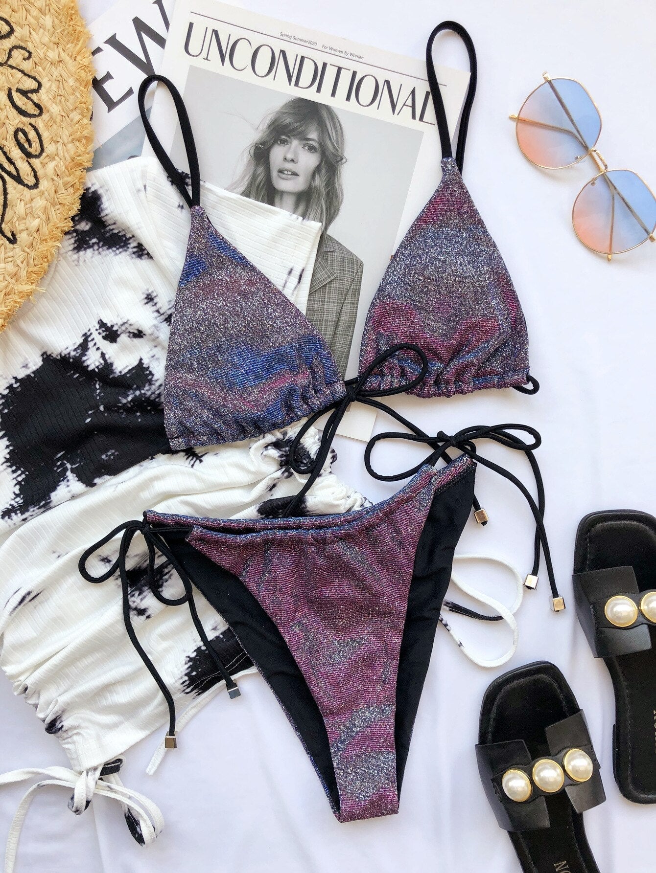 Sexy Shining Wire Free Lace Up Swimwear Bikinis Set Women Bra And High Waist Thong Push Up Biquini Bathing Suit Beach Swimsuit