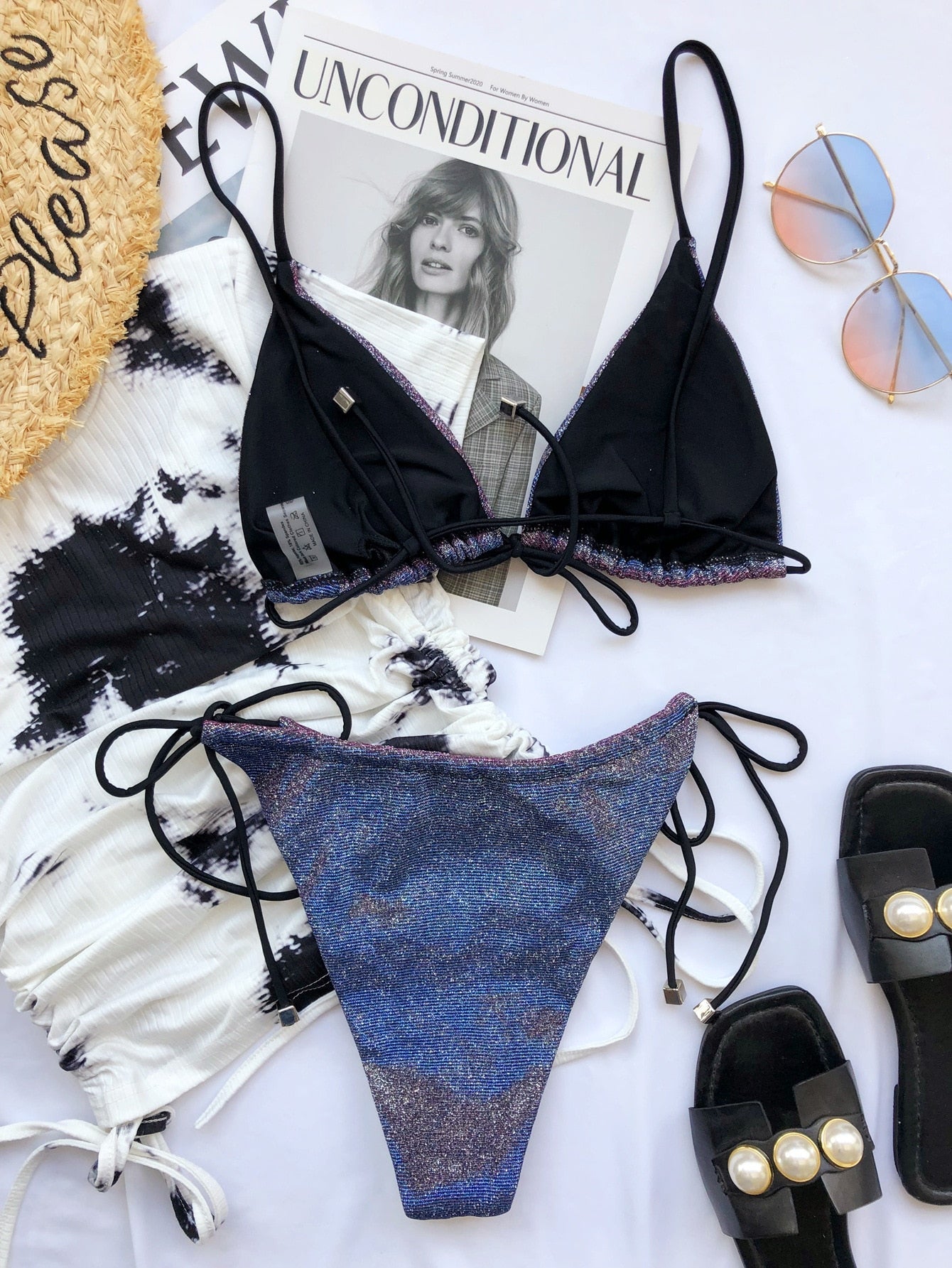 Sexy Shining Wire Free Lace Up Swimwear Bikinis Set Women Bra And High Waist Thong Push Up Biquini Bathing Suit Beach Swimsuit