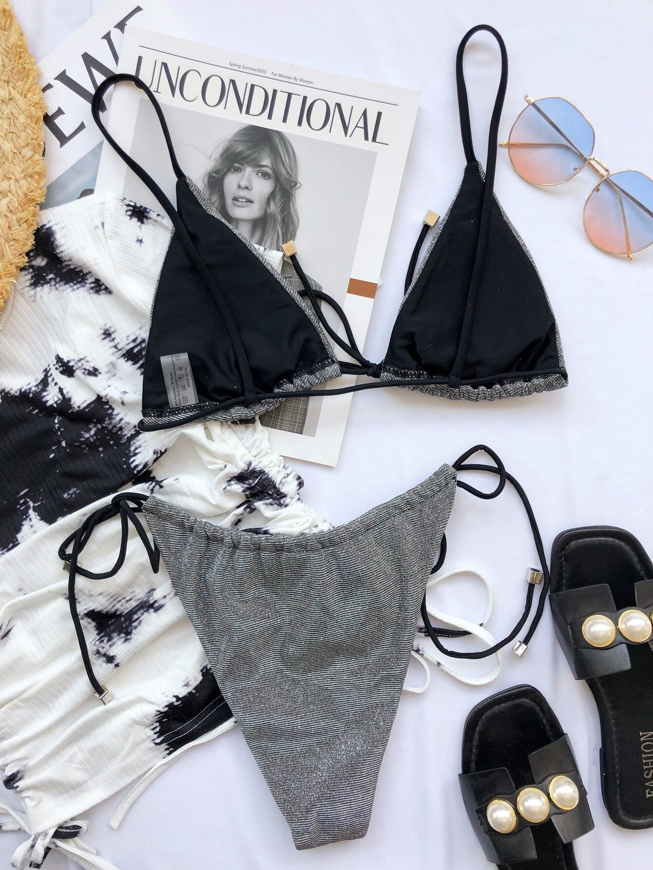 Sexy Shining Wire Free Lace Up Swimwear Bikinis Set Women Bra And High Waist Thong Push Up Biquini Bathing Suit Beach Swimsuit