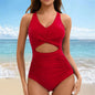 Backless high-waist one-piece with pleated V-neckline