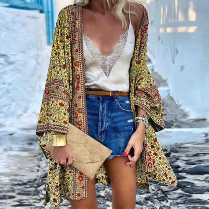 Women's Bohemian Floral Long-Sleeve Beach Cardigan Cover-Up