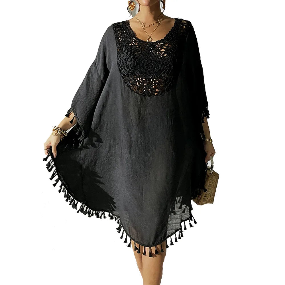 Women's Crochet Chiffon Beach Cover-Up Dress black