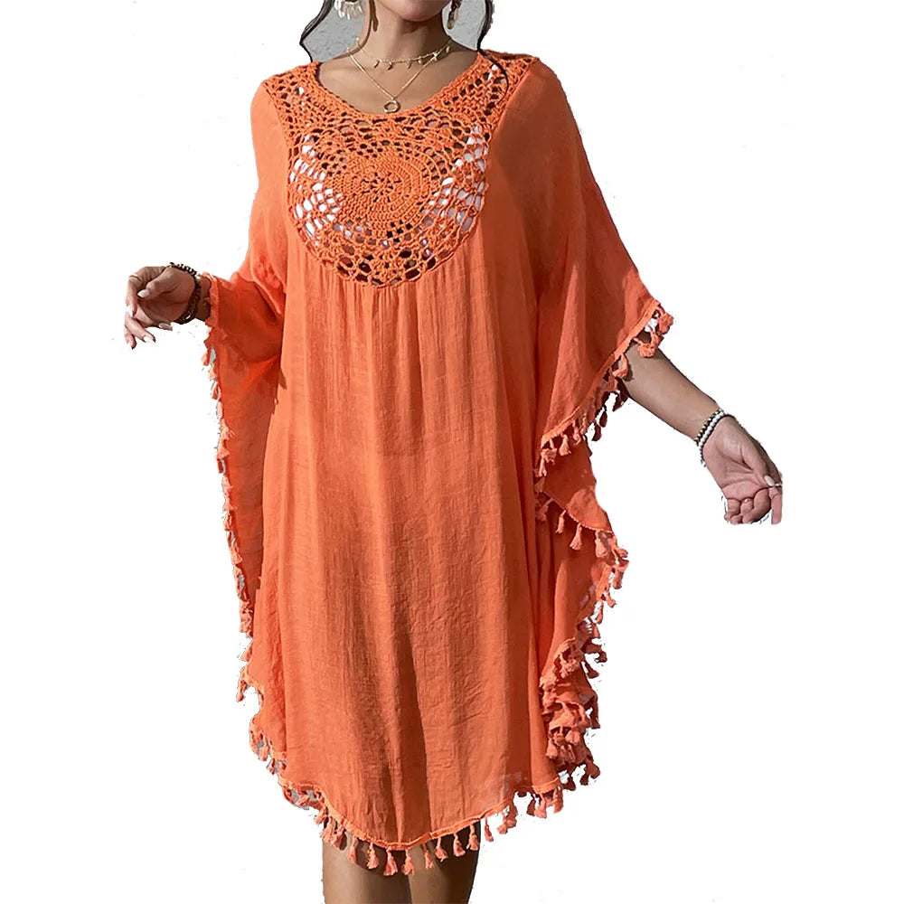 Women's Crochet Chiffon Beach Cover-Up Dress orange 