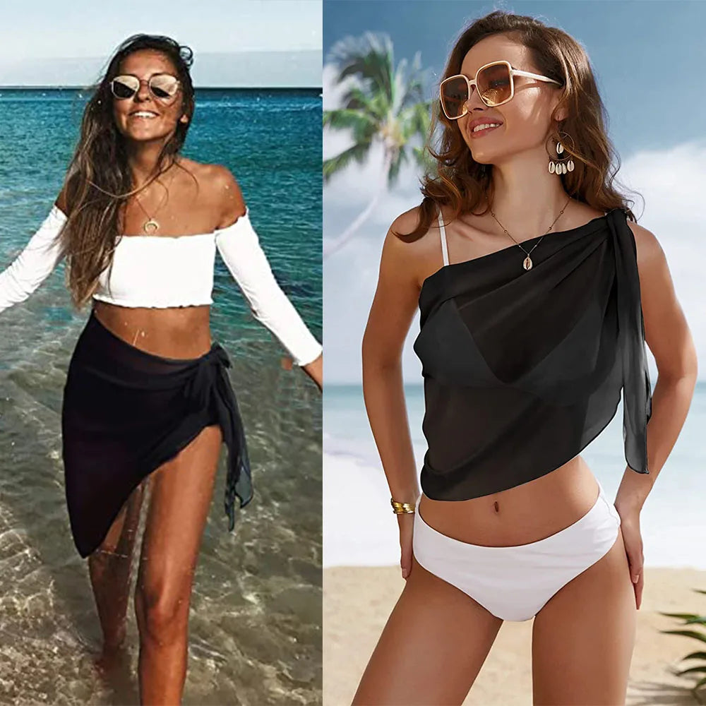 model wearing the Women's Sheer Crochet Beach Cover-Up at tropical beach  