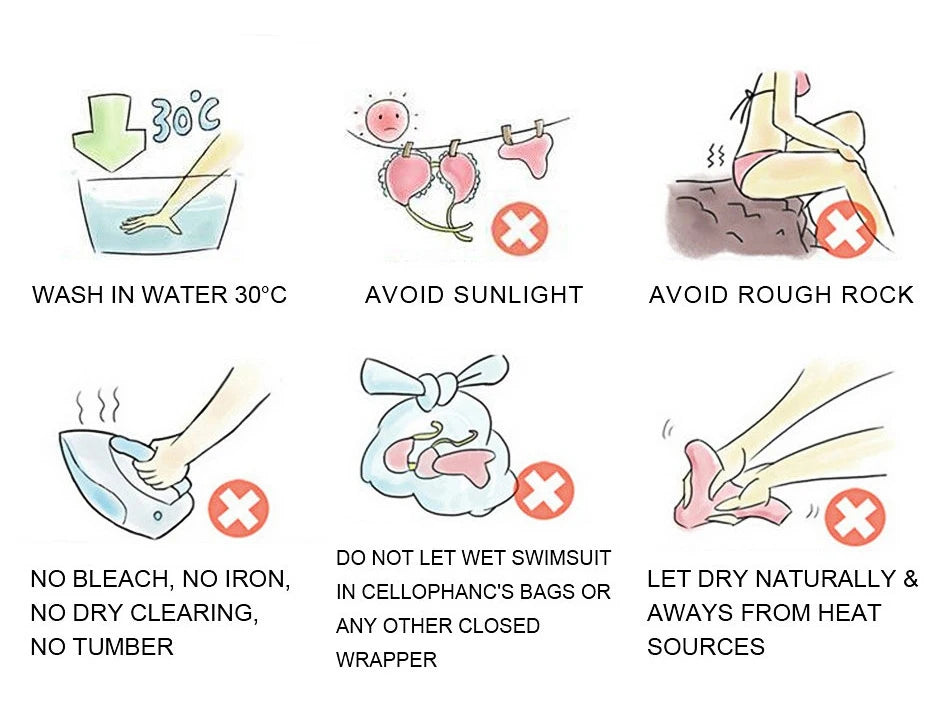 the care chart for the mesh panel bikini with high-waist Brazilian-cut bottoms