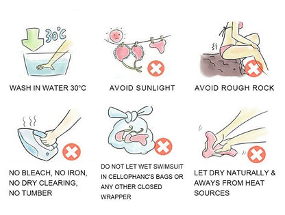the care chart for the mesh panel bikini with high-waist Brazilian-cut bottoms
