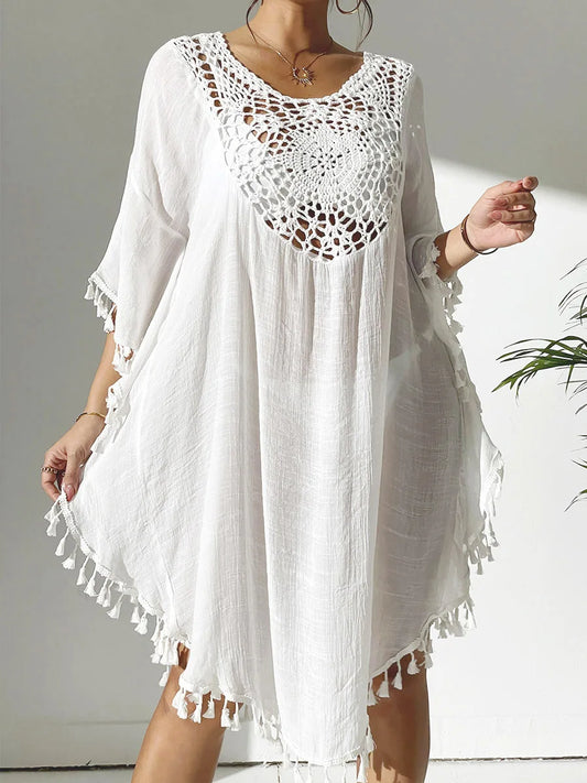 Women's Crochet Chiffon Beach Cover-Up Dress white 