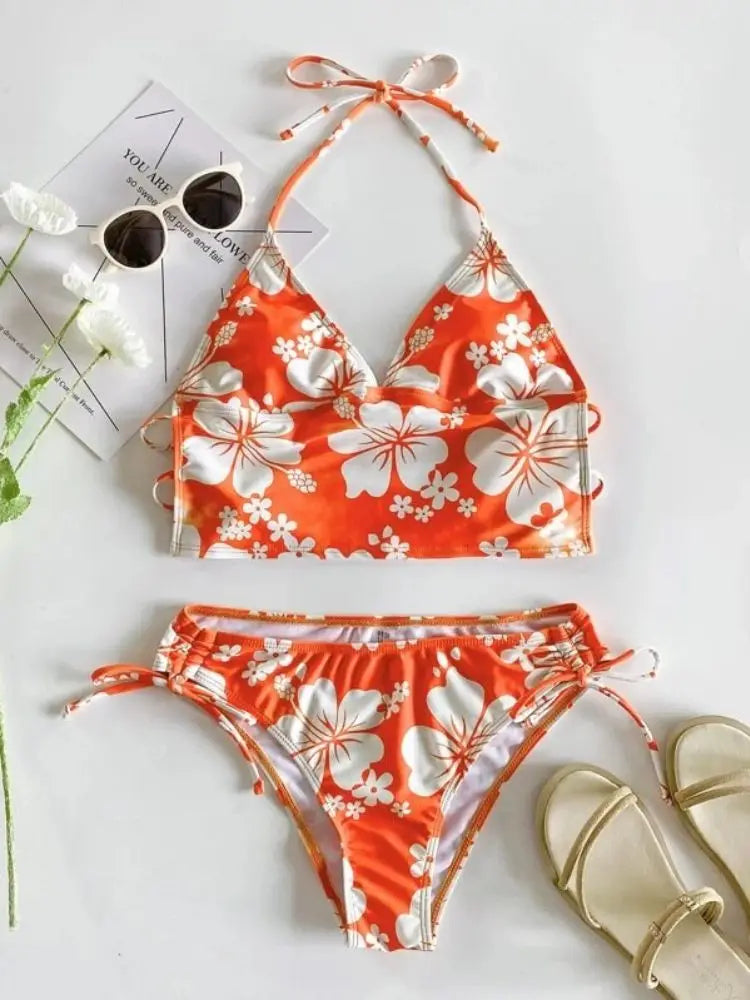Cikini floral halter bikini with mid-rise bottoms orange 