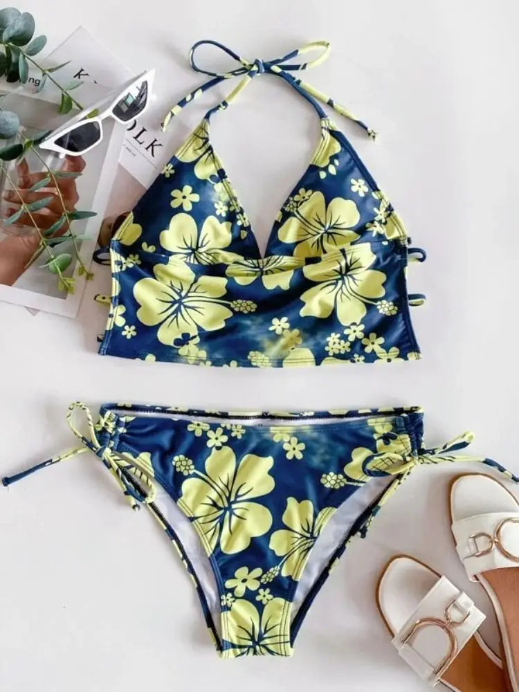 Cikini floral halter bikini with mid-rise bottoms purple 