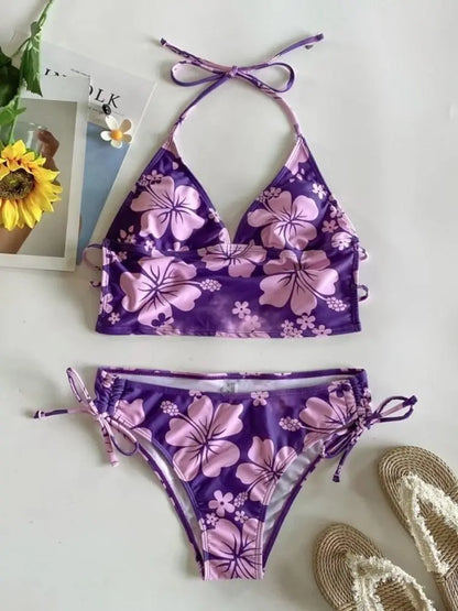 Cikini floral halter bikini with mid-rise bottoms purple color 