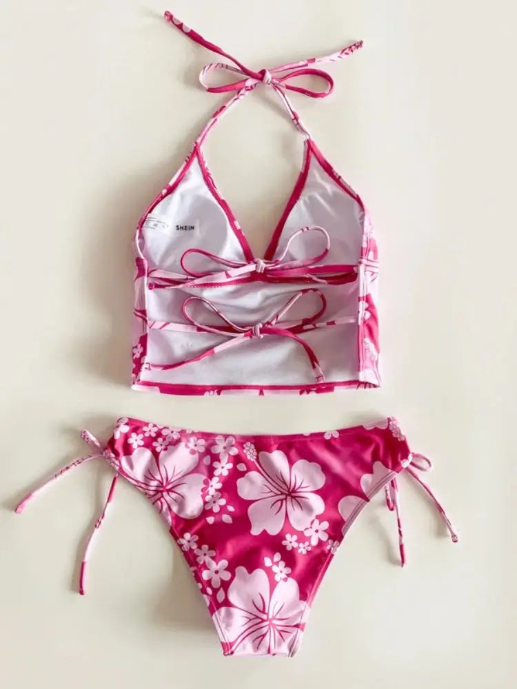 the rose red Cikini floral halter bikini with mid-rise bottoms 