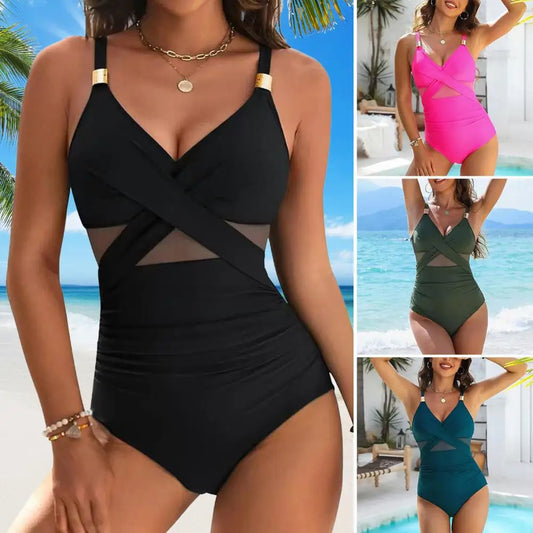 Deep V-Neck Mesh Splice One-Piece Swimsuit – Tummy Control & Full Coverage Swimwear