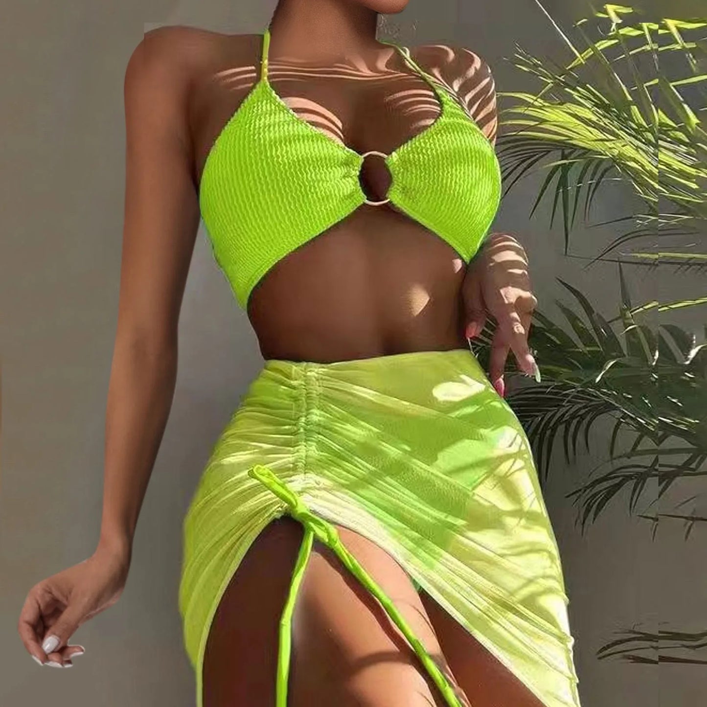 four -piece mesh bikini cover up set with skirt and top florescent green 