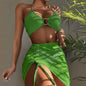 four -piece mesh bikini cover up set with skirt and top dark green  color 
