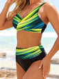 Front view of gradient stripe bikini with cross-front top and high-waist bottoms