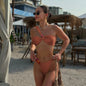 Front view of mesh panel bikini with high-waist Brazilian-cut bottoms brownish style 