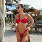 Front view of mesh panel bikini with high-waist Brazilian-cut bottoms red style 