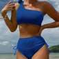 Front view of strapless bikini with knot tie top and side-tie bottoms  blue style 