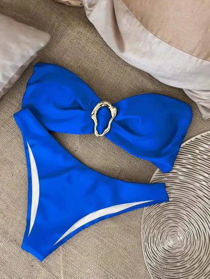 Strapless swimsuit.High-cut bikini bottom the blue style 