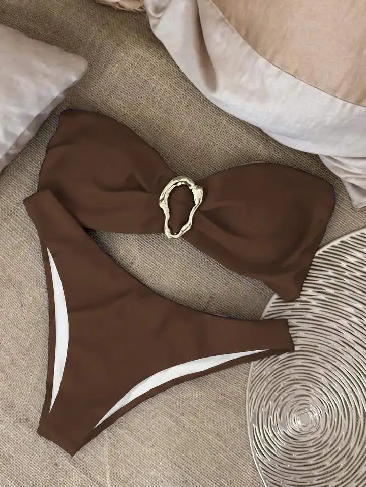 Strapless swimsuit.High-cut bikini bottom the brown style 