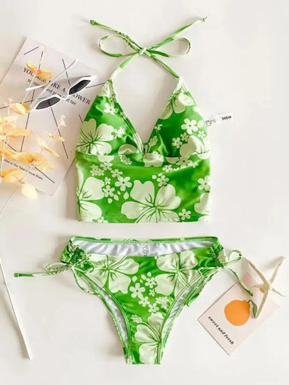 Cikini floral halter bikini with mid-rise bottoms  Green