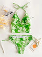 Cikini floral halter bikini with mid-rise bottoms  Green