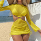 Model walking on the beach in Women's Brazilian Breeze Three-Piece Bikini Set yellow 