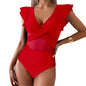 V-Neck Ruched One-Piece Swimsuit with Ruffle Sleeves – Tummy Control Swimwear