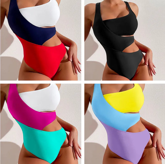 Front view of classic beach one-piece swimsuit in solid color
