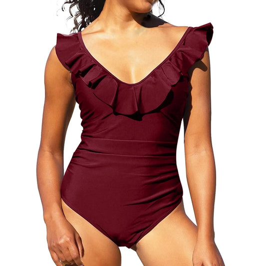 Front view of V-neck monokini with ruffle details and ruched waist