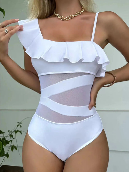 Front view of asymmetrical one-shoulder ruffled one-piece swimsuit