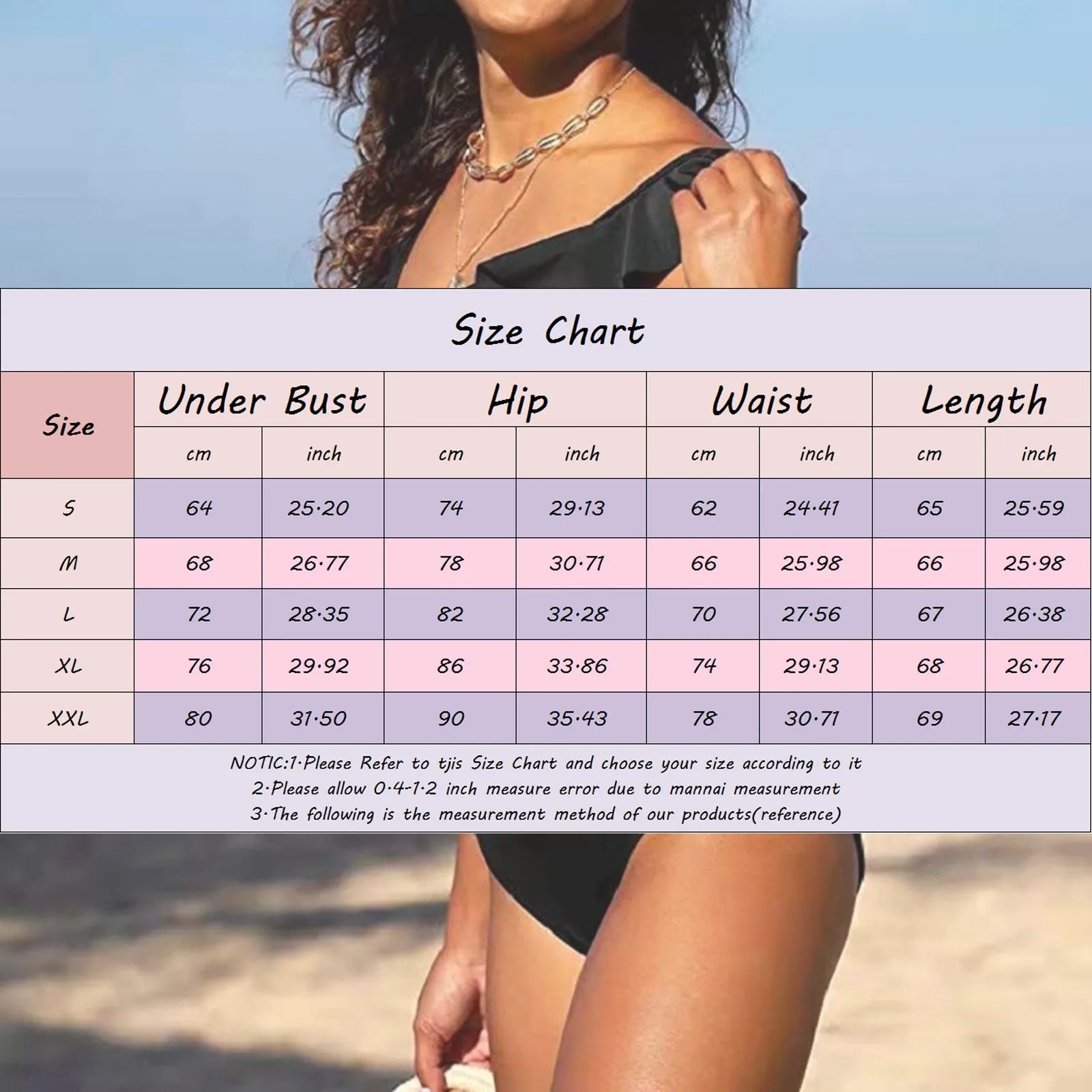 Size chart for the V-neck monokini with ruffle details and ruched waist