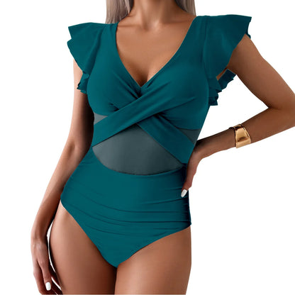 V-Neck Ruched One-Piece Swimsuit with Ruffle Sleeves – Tummy Control Swimwear