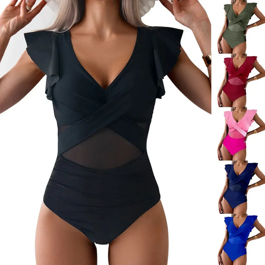 V-Neck Ruched One-Piece Swimsuit with Ruffle Sleeves – Tummy Control Swimwear