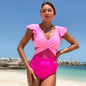 V-Neck Ruched One-Piece Swimsuit with Ruffle Sleeves – Tummy Control Swimwear