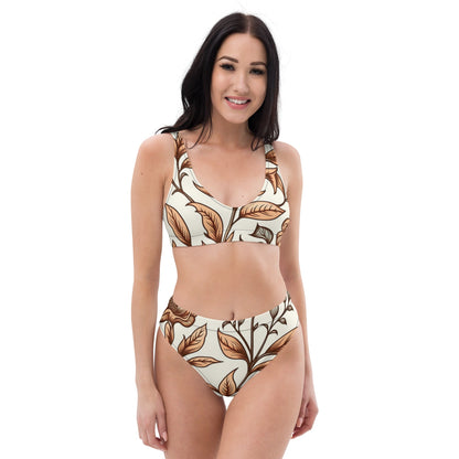 Leaf Brown Cream Vintage Floral High-Waisted Two Piece Swimwear for Women-0
