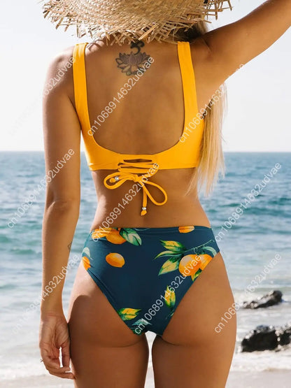 back view of Women's Lace Wave Two-Piece Bikini with cross lace-up design