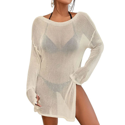 front view of the model wearing  beige Beach Cover-Up at tropical beach  